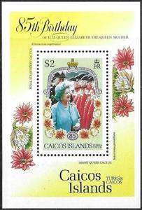 Souvenir Sheet, H.R.H. Queen Elizabeth (1900-2002), Caicos Islands,  , Anniversaries and Jubilees, Flowers, Queens, Royalty, Women