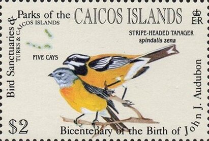 Stamp, Stripe-headed Tanager (Spindalis zena), Caicos Islands,  , Animals (Fauna), Anniversaries and Jubilees, Birds, Maps