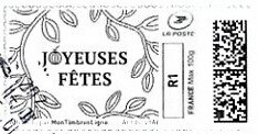 Stamp, Christmas Wishes. Joyeuses Fetes framed with leaves, Personalized and Private Mail Stamps,  , Christmas