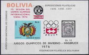 Souvenir Sheet, Innsbruck 1976, Bolivia,  , Coats of Arms, Olympic Games, Sports