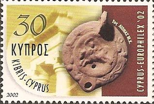 Stamp, "Europhilex 02" - Cypriot clay oil lamp (2nd cent. A.D.), Cyprus,  , Philatelic Exhibitions, Glass and Earthenware, Archaeology