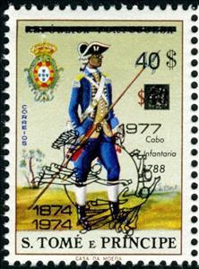 Stamp, Infantry Corporal, 1788, Overprint Type a, São Tomé and Príncipe,  , Headgear, Military Forces, Seals (Emblems), U.P.U., Uniforms, Weapons
