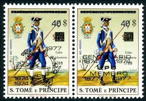 Se-tenant, Infantry Corporal, 1788, Overprint Type a & b, São Tomé and Príncipe,  , Headgear, Military Forces, Seals (Emblems), U.P.U., Uniforms, Weapons