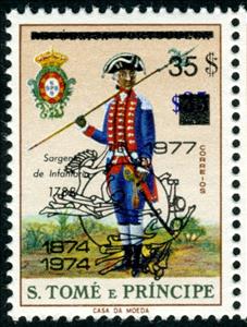 Stamp, Infantry Sergeant, 1788, Overprint Type a, São Tomé and Príncipe,  , Headgear, Military Forces, Seals (Emblems), U.P.U., Uniforms, Weapons
