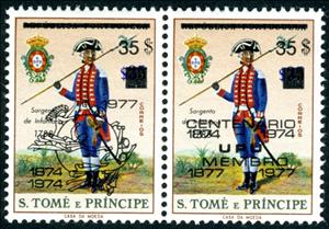 Se-tenant, Infantry Sergeant, 1788, Overprint Type a & b, São Tomé and Príncipe,  , Headgear, Military Forces, Seals (Emblems), U.P.U., Uniforms, Weapons