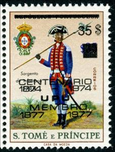 Stamp, Infantry Sergeant, 1788, Overprint Type b, São Tomé and Príncipe,  , Headgear, Military Forces, Seals (Emblems), U.P.U., Uniforms, Weapons