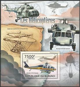 Souvenir Sheet, Sikorsky S-70A Firehawk, Sikorsky S-MH-60S Seahawk, Mil Mi8, Burundi,  , Aviation, Fire-brigade, Helicopters