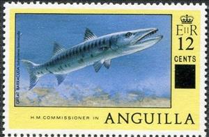 Stamp, Great Barracuda (Sphyraena barracuda), Anguilla,  , Fishes