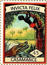 Stamp, Man and crocodile, Cinderellas,  , Animals (Fauna), Crocodiles, Men, Reptiles, Trees