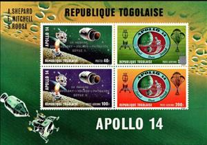 Souvenir Sheet, Apollo XIV, overprint, Togo,  , Moon Landing, Outer Space, Seals (Emblems), Space Traveling, Spacecrafts