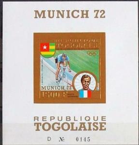 Souvenir Sheet, Daniel Morelon (France), Togo,  , Cycling, Flags, Golden Objects, Medals and Marks of Honour, Olympic Games