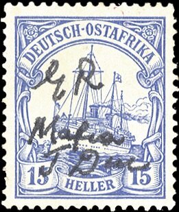 Stamp, SMS "Hohenzollern" with manuscript validation, German East Africa, British Occ. of Mafia Island,  , Keyplate Type, Ships, Steamers