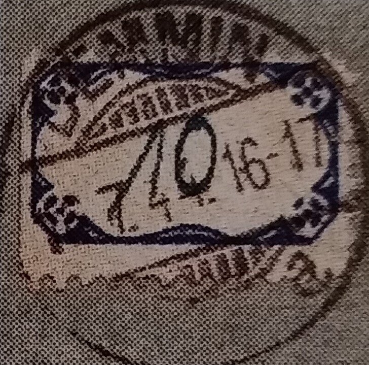Blue framed stamps with handwritten face value