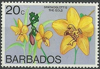 Stamp, Spathoglottis aurea, Barbados,  , Flowers, Orchids, Plants (Flora)