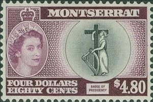 Stamp, Badge of Presidency, Montserrat,  , Crowns and Coronets, Famous People, Harps, Heads of State, Musical Instruments, Queens, Royalty