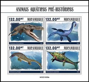 Mini Sheet, Prehistoric Water Animals, Mozambique,  , Dinosaurs