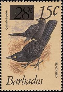 Stamp, Carib Grackle (Quiscalus lugubris) - overprinted, Barbados,  , Birds, Animals (Fauna)