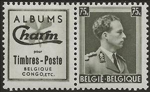 Stamp with Attached Label, King Leopold III PUB Charm, Belgium,  , Famous People, Heads of State, Kings, Men, Royalty, Uniforms