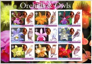 Mini Sheet, Orchids & Owls, Cinderellas,  , Animals (Fauna), Birds, Flowers, Orchids, Owls, Plants (Flora)