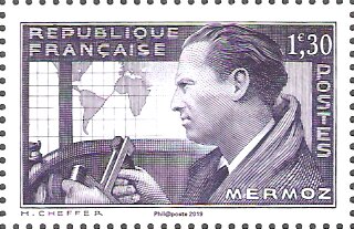 Stamp, Aviation: Jean Mermoz, France,  , Aircraft, Aviation, Famous People, Globes, Maps, Pilots