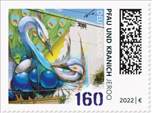 Stamp, Peacock and Crane, by JEROO, Germany, Federal Republic,  , Art, Birds, Cranes (Birds)