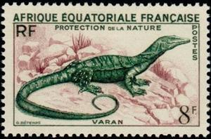 Stamp, Monitor Lizard (Varanus sp.), French Colonies,  , Reptiles, Animals (Fauna)