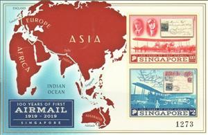 Souvenir Sheet, Centenary of First Airmail Flight to Singapore, Singapore,  , Aircraft, Anniversaries and Jubilees, Aviation, Maps, Postal History