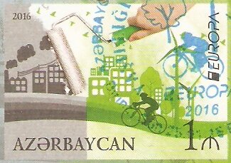Stamp, Europa - Think green, Azerbaijan,  , Bicycles, Birds, Buildings, C.E.P.T. / Europe, Cycling, Energy, Environment Protection, Hands