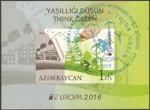 Souvenir Sheet, Europa - Think green, Azerbaijan,  , Bicycles, Birds, Buildings, C.E.P.T. / Europe, Cycling, Energy, Environment Protection, Hands