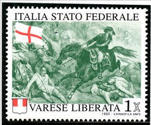 Stamp, Italia Stato Federale Varese Liberata, Cinderellas,  , Battle, Coats of Arms, Flags, Horses