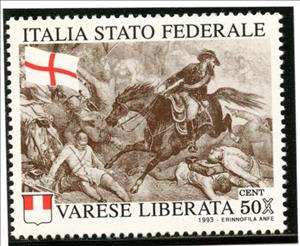 Stamp, Italia Stato Federale Varese Liberata, Cinderellas,  , Battle, Coats of Arms, Flags, Horses
