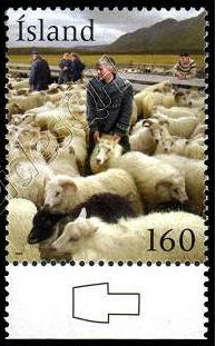 Stamp, Shepherds and sheep in pen, Iceland,  , Sheep, Animals (Fauna)