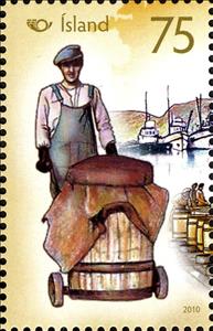 Stamp, Man rolling herring barrel, Iceland,  , Norden