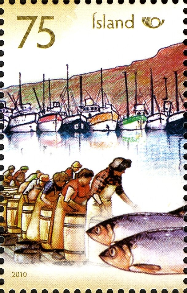 Women filling herring barrels, fish