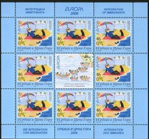 Mini Sheet, Eskimo and Penguin, Serbia and Montenegro,  , Antiracism, Beaches, C.E.P.T. / Europe, Drawings, Immigrants, Penguins, Sun