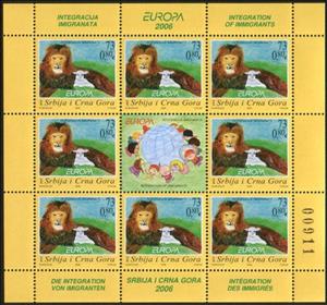 Mini Sheet, Lion and Lamb, Serbia and Montenegro,  , Animals (Fauna), Antiracism, C.E.P.T. / Europe, Drawings, Immigrants, Лев, Sheep