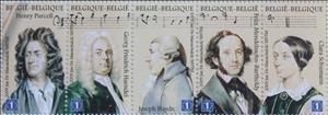 Se-tenant, Henry Purcell, Georg Frederich Haendel, ..., Belgium,  , Composers, Famous People, Men, Music, Musicians