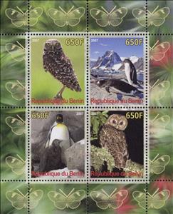 Mini Sheet, Owls and Penguins, Cinderellas,  , Animals (Fauna), Birds, Owls, Penguins