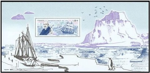 Souvenir Sheet, Jean-Baptiste Charcot, souvenir philatélique, France,  , Birds, Explorers, Famous People, Gulls, Men, Penguins, Sailing Ships