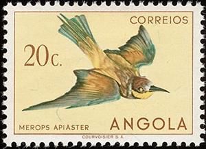 Stamp, European Bee-eater (Merops apiaster), Angola,  , Birds, Animals (Fauna)