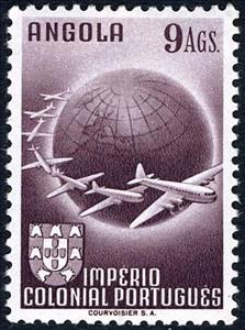 Stamp, Planes circling globe, Angola,  , Aviation, Aircrafts