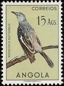 Stamp, White-winged Babbler (Neocichia gutturalis), Angola,  , Birds, Animals (Fauna)