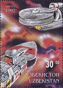 Stamp, Two Spacecraft, Uzbekistan,  , Outer Space, Space Traveling, Spacecrafts