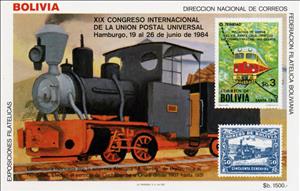 Souvenir Sheet, Railways overprinted for Hamburg '84 Exposition, Bolivia,  , Locomotives, Philatelic Exhibitions, Railways, Steam Traction
