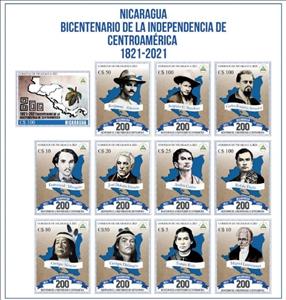 Mini Sheet, Independence of Nicaragua, Bicentenary, Nicaragua,  , Authors, Famous People, Independency Activists, Literary People (Poets and Writers), Literature, Maps, Revolutionaries, Tribal Chiefs and Caciques