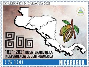 Stamp, Map of Central America and Cacao Pod, Nicaragua,  , Maps, Plants (Flora)