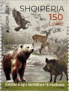 Stamp, Europa 2021, Albania,  , Animals (Fauna), Bears, Deer, Eagles, Environment Protection, Rabbits