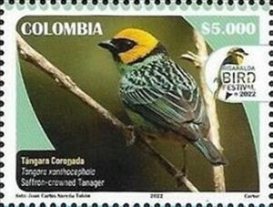 Stamp, Saffron-Crowned Tanager (Tangara xanthocephala), Colombia,  , Animals (Fauna), Birds