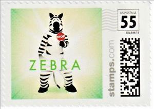Stamp, Man wearing Zebra Costume and holding a Stop Sign, Personalized and Private Mail Stamps,  , Road Signs, Roadsafety, Zebras