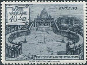 Stamp, Colonnade of St. Peter - perf 13½ x 14, Vatican City,  , Buildings, Churches - Cathedrals - Basilicas - Chapels, Religion